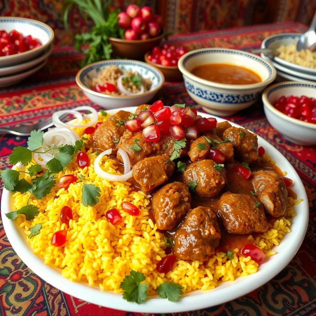 A traditional Persian dish, known as "خورشت" (Khoresh), beautifully presented on a vibrant Persian table