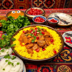 A traditional Persian dish, known as "خورشت" (Khoresh), beautifully presented on a vibrant Persian table
