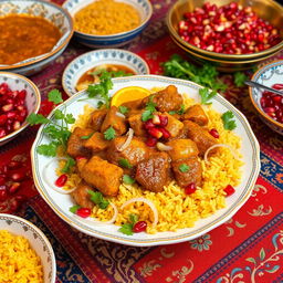 A traditional Persian dish, known as "خورشت" (Khoresh), beautifully presented on a vibrant Persian table