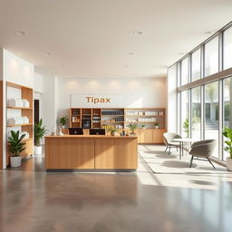 A modern design for a 30 square meter shop for the company Tipax, showcasing a spacious and airy decor