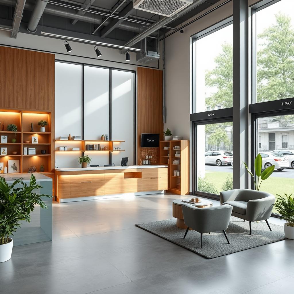 A modern design for a 30 square meter shop for the company Tipax, showcasing a spacious and airy decor
