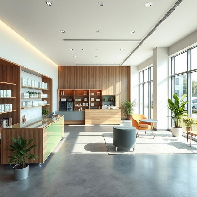 A modern design for a 30 square meter shop for the company Tipax, showcasing a spacious and airy decor