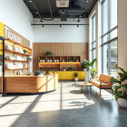 A modern design for a 30 square meter shop for the company Tipax, showcasing a spacious and airy decor