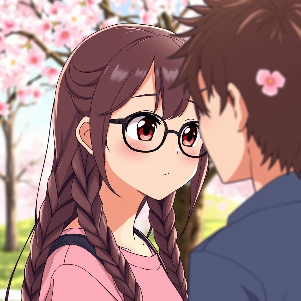 An anime girl with long braids, wearing stylish glasses, gazing at a boy in a side view