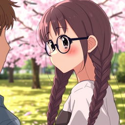 An anime girl with long braids, wearing stylish glasses, gazing at a boy in a side view