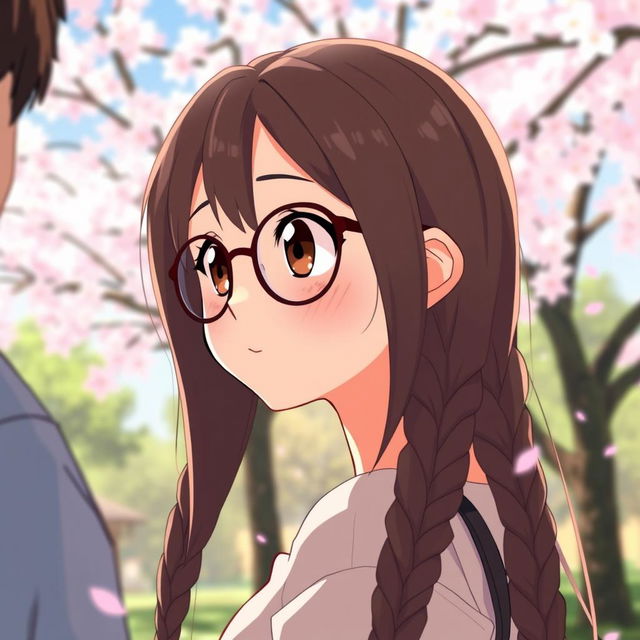 An anime girl with long braids, wearing stylish glasses, gazing at a boy in a side view