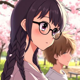 An anime girl with long braids, wearing stylish glasses, gazing at a boy in a side view