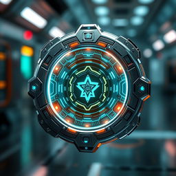 A futuristic badge designed for a sci-fi universe, featuring sleek metallic elements with glowing neon accents, intricate circuitry patterns etched into the surface, and a holographic display at the center showcasing a unique emblem