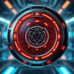 A futuristic badge designed for a sci-fi universe, featuring sleek metallic elements with glowing neon accents, intricate circuitry patterns etched into the surface, and a holographic display at the center showcasing a unique emblem