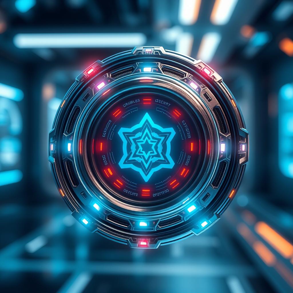 A futuristic badge designed for a sci-fi universe, featuring sleek metallic elements with glowing neon accents, intricate circuitry patterns etched into the surface, and a holographic display at the center showcasing a unique emblem