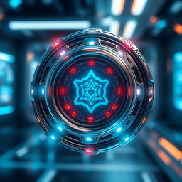 A futuristic badge designed for a sci-fi universe, featuring sleek metallic elements with glowing neon accents, intricate circuitry patterns etched into the surface, and a holographic display at the center showcasing a unique emblem