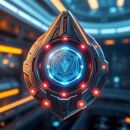 A futuristic badge designed for a sci-fi universe, featuring sleek metallic elements with glowing neon accents, intricate circuitry patterns etched into the surface, and a holographic display at the center showcasing a unique emblem