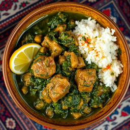 A traditional Persian dish, specifically a spinach stew, beautifully presented in a rustic bowl
