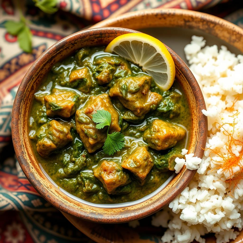 A traditional Persian dish, specifically a spinach stew, beautifully presented in a rustic bowl