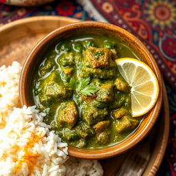 A traditional Persian dish, specifically a spinach stew, beautifully presented in a rustic bowl