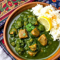 A traditional Persian dish, specifically a spinach stew, beautifully presented in a rustic bowl