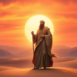 A serene and majestic depiction of Prophet Ibrahim (Abraham), dressed in traditional ancient attire, with a long flowing robe and a full beard