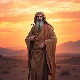 A serene and majestic depiction of Prophet Ibrahim (Abraham), dressed in traditional ancient attire, with a long flowing robe and a full beard