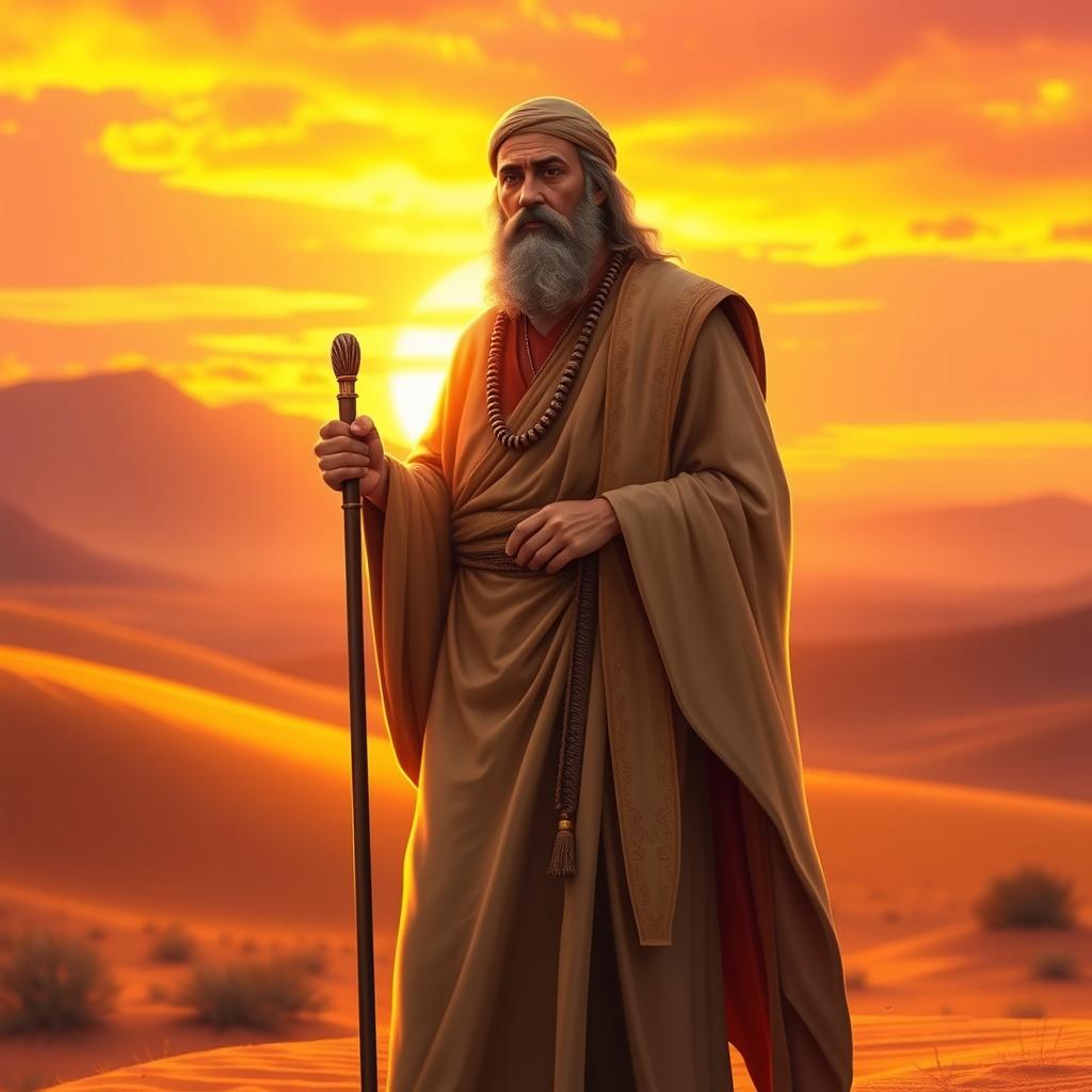 A serene and majestic depiction of Prophet Ibrahim (Abraham), dressed in traditional ancient attire, with a long flowing robe and a full beard