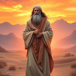 A serene and majestic depiction of Prophet Ibrahim (Abraham), dressed in traditional ancient attire, with a long flowing robe and a full beard