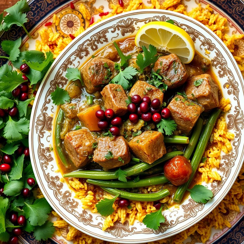 A delicious plate of Khoresht Sabzi, a traditional Persian herb stew, garnished with a variety of fresh herbs such as spinach, parsley, and coriander, alongside vibrant pieces of tender lamb and rich green beans