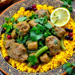 A delicious plate of Khoresht Sabzi, a traditional Persian herb stew, garnished with a variety of fresh herbs such as spinach, parsley, and coriander, alongside vibrant pieces of tender lamb and rich green beans