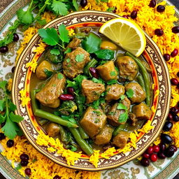 A delicious plate of Khoresht Sabzi, a traditional Persian herb stew, garnished with a variety of fresh herbs such as spinach, parsley, and coriander, alongside vibrant pieces of tender lamb and rich green beans