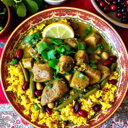 A delicious plate of Khoresht Sabzi, a traditional Persian herb stew, garnished with a variety of fresh herbs such as spinach, parsley, and coriander, alongside vibrant pieces of tender lamb and rich green beans