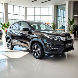 A sleek black 2025 Honda Creta car prominently displayed in a modern car showroom