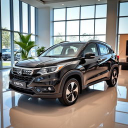 A sleek black 2025 Honda Creta car prominently displayed in a modern car showroom