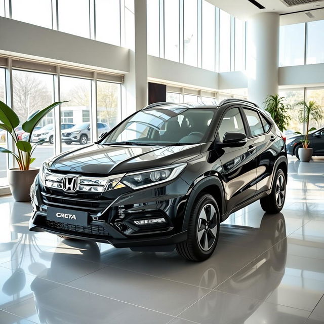 A sleek black 2025 Honda Creta car prominently displayed in a modern car showroom