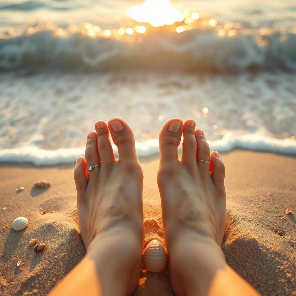 A close-up of a pair of beautifully manicured female feet resting on a sandy beach, with ocean waves gently lapping at the shore in the background