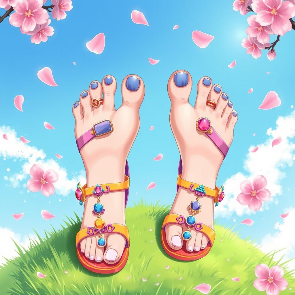 A vibrant anime-style illustration featuring a pair of stylishly designed female feet, adorned with colorful nail polish and whimsical toe accessories, such as charms and glitter