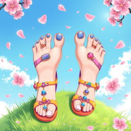 A vibrant anime-style illustration featuring a pair of stylishly designed female feet, adorned with colorful nail polish and whimsical toe accessories, such as charms and glitter