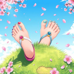 A vibrant anime-style illustration featuring a pair of stylishly designed female feet, adorned with colorful nail polish and whimsical toe accessories, such as charms and glitter