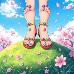 A vibrant anime-style illustration featuring a pair of stylishly designed female feet, adorned with colorful nail polish and whimsical toe accessories, such as charms and glitter