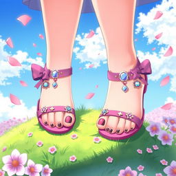 A vibrant anime-style illustration featuring a pair of stylishly designed female feet, adorned with colorful nail polish and whimsical toe accessories, such as charms and glitter