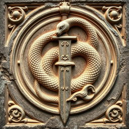 An ancient Roman stone relief depicting an intricately carved ouroboros, a serpent eating its own tail symbolizing infinity, gracefully entwined around a beautifully detailed sword