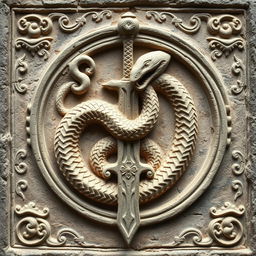 An ancient Roman stone relief depicting an intricately carved ouroboros, a serpent eating its own tail symbolizing infinity, gracefully entwined around a beautifully detailed sword