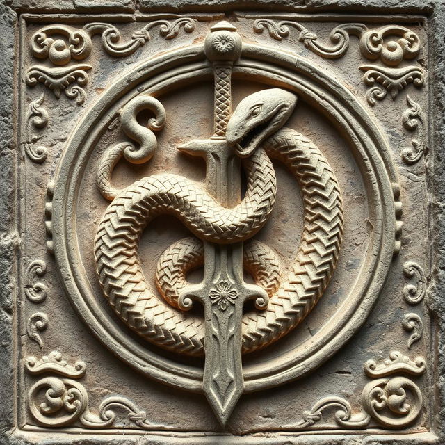 An ancient Roman stone relief depicting an intricately carved ouroboros, a serpent eating its own tail symbolizing infinity, gracefully entwined around a beautifully detailed sword