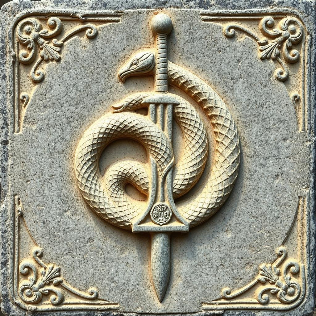 An ancient Roman stone relief depicting an intricately carved ouroboros, a serpent eating its own tail symbolizing infinity, gracefully entwined around a beautifully detailed sword