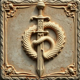 An ancient Roman stone relief depicting an intricately carved ouroboros, a serpent eating its own tail symbolizing infinity, gracefully entwined around a beautifully detailed sword