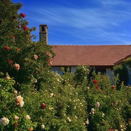 An idyllic cottage with a blooming rose garden under a summer afternoon sky