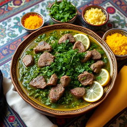 A beautifully arranged traditional Persian dish called Khoresht Sabzi, which is a green herb stew featuring a rich blend of fresh herbs such as parsley, coriander, and fenugreek