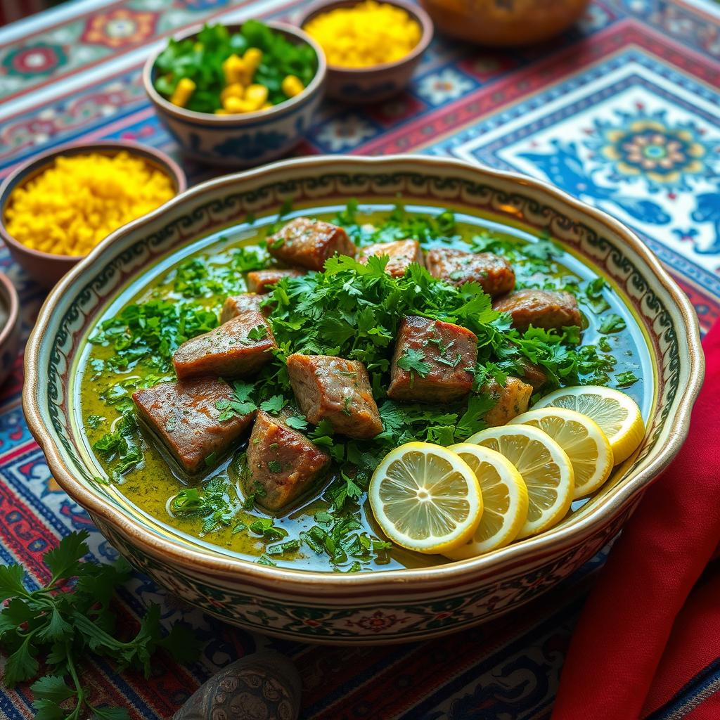 A beautifully arranged traditional Persian dish called Khoresht Sabzi, which is a green herb stew featuring a rich blend of fresh herbs such as parsley, coriander, and fenugreek