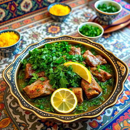 A beautifully arranged traditional Persian dish called Khoresht Sabzi, which is a green herb stew featuring a rich blend of fresh herbs such as parsley, coriander, and fenugreek