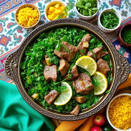 A beautifully arranged traditional Persian dish called Khoresht Sabzi, which is a green herb stew featuring a rich blend of fresh herbs such as parsley, coriander, and fenugreek