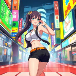 A dynamic anime-style illustration of a confident female character in a stylish outfit that accentuates her figure