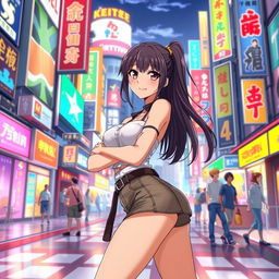 A dynamic anime-style illustration of a confident female character in a stylish outfit that accentuates her figure