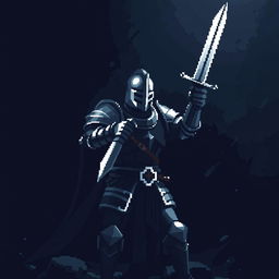 A knight in full armor wielding a sword, depicted in a pixel art style